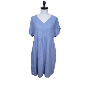 Briggs Empire Waist Dress Womens Medium Blue Linen Blend Short Sleeve Pockets
